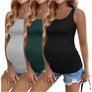 imageEkouaer 3 Pack Women Maternity Tank Tops Ruch Side Basic Shirts Summer Postpartum Tops Sleeveless Pregnancy Workout ClothesLight GreyBlackLake Green