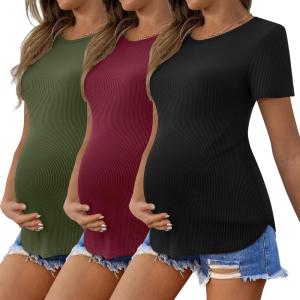imageEkouaer 3 Pack Women Soft Maternity Shirts Ribbed Knit Pregnancy Tops Curved Hem Postpartum Tees Short Sleeve Pregnant TshirtBlackArmy GreenDark Red