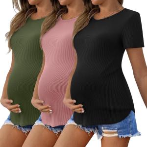 imageEkouaer 3 Pack Women Soft Maternity Shirts Ribbed Knit Pregnancy Tops Curved Hem Postpartum Tees Short Sleeve Pregnant TshirtBlackDirty PinkArmy Green