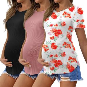 imageEkouaer 3 Pack Women Soft Maternity Shirts Ribbed Knit Pregnancy Tops Curved Hem Postpartum Tees Short Sleeve Pregnant TshirtBlackDirty PinkFloral White