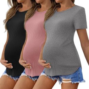 imageEkouaer 3 Pack Women Soft Maternity Shirts Ribbed Knit Pregnancy Tops Curved Hem Postpartum Tees Short Sleeve Pregnant TshirtBlackLight GreyDirty Pink