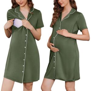 imageEkouaer Button Down Nursing Nightgown V Neck Breastfeeding Dress Short Sleeve Classic Maternity PajamasArmy Green