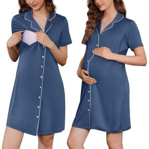 imageEkouaer Button Down Nursing Nightgown V Neck Breastfeeding Dress Short Sleeve Classic Maternity PajamasBlue