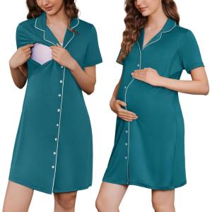 imageEkouaer Button Down Nursing Nightgown V Neck Breastfeeding Dress Short Sleeve Classic Maternity PajamasBlue Green