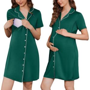 imageEkouaer Button Down Nursing Nightgown V Neck Breastfeeding Dress Short Sleeve Classic Maternity PajamasDeep Green
