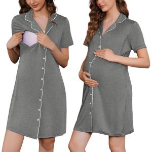 imageEkouaer Button Down Nursing Nightgown V Neck Breastfeeding Dress Short Sleeve Classic Maternity PajamasGrey