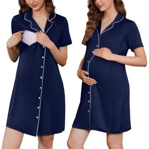 imageEkouaer Button Down Nursing Nightgown V Neck Breastfeeding Dress Short Sleeve Classic Maternity PajamasNavy Blue