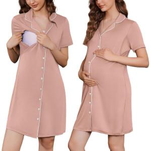 imageEkouaer Button Down Nursing Nightgown V Neck Breastfeeding Dress Short Sleeve Classic Maternity PajamasPink