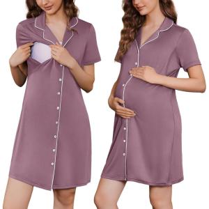 imageEkouaer Button Down Nursing Nightgown V Neck Breastfeeding Dress Short Sleeve Classic Maternity PajamasPurple