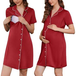 imageEkouaer Button Down Nursing Nightgown V Neck Breastfeeding Dress Short Sleeve Classic Maternity PajamasWine Red