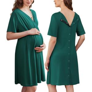 imageEkouaer Labor and Delivery Gown for Hospital Short Sleeve Maternity Nursing Dress Nightgown with Button SXXLDark Green
