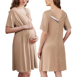 imageEkouaer Labor and Delivery Gown for Hospital Short Sleeve Maternity Nursing Dress Nightgown with Button SXXLKhaki