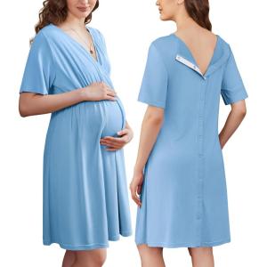 imageEkouaer Labor and Delivery Gown for Hospital Short Sleeve Maternity Nursing Dress Nightgown with Button SXXLLake Blue