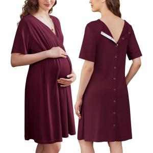 imageEkouaer Labor and Delivery Gown for Hospital Short Sleeve Maternity Nursing Dress Nightgown with Button SXXLMaroon