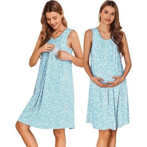 imageEkouaer Maternity Nursing Dress Nightgown Labor and Delivery Gown Sleeveless Pregnancy Breastfeeding DressesBlue White Floral