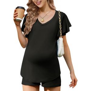 imageEkouaer Maternity Sets 2 Piece Outfits Flowing Short Sleeve V Neck Postpartum Pregnancy Pajamas ClothesBlack