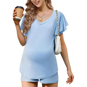 imageEkouaer Maternity Sets 2 Piece Outfits Flowing Short Sleeve V Neck Postpartum Pregnancy Pajamas ClothesBlue