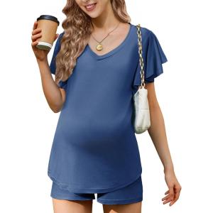 imageEkouaer Maternity Sets 2 Piece Outfits Flowing Short Sleeve V Neck Postpartum Pregnancy Pajamas ClothesDark Blue