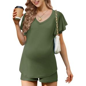 imageEkouaer Maternity Sets 2 Piece Outfits Flowing Short Sleeve V Neck Postpartum Pregnancy Pajamas ClothesGreen