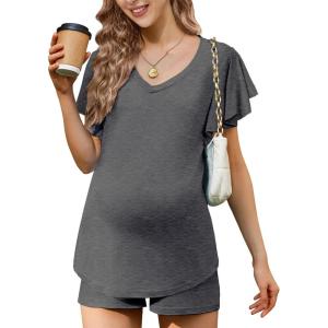 imageEkouaer Maternity Sets 2 Piece Outfits Flowing Short Sleeve V Neck Postpartum Pregnancy Pajamas ClothesGrey