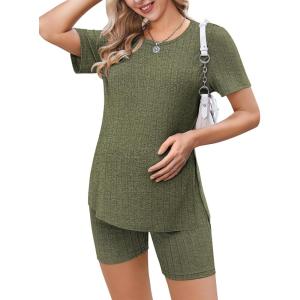 imageEkouaer Maternity Sets 2 Piece Outfits Ribbed Knit Short Sleeve Shirts and Biker Shorts Pregnancy Loungewear Mama ClothesArmy Green