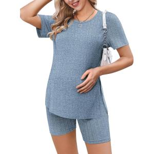 imageEkouaer Maternity Sets 2 Piece Outfits Ribbed Knit Short Sleeve Shirts and Biker Shorts Pregnancy Loungewear Mama ClothesBlue