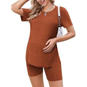 imageEkouaer Maternity Sets 2 Piece Outfits Ribbed Knit Short Sleeve Shirts and Biker Shorts Pregnancy Loungewear Mama ClothesCaramel