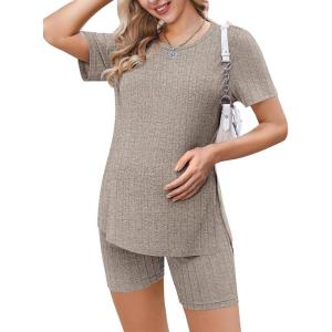 imageEkouaer Maternity Sets 2 Piece Outfits Ribbed Knit Short Sleeve Shirts and Biker Shorts Pregnancy Loungewear Mama ClothesLight Khaki