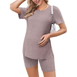 imageEkouaer Maternity Sets 2 Piece Outfits Ribbed Knit Short Sleeve Shirts and Biker Shorts Pregnancy Loungewear Mama ClothesLight Pink
