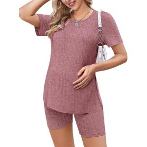 imageEkouaer Maternity Sets 2 Piece Outfits Ribbed Knit Short Sleeve Shirts and Biker Shorts Pregnancy Loungewear Mama ClothesPink