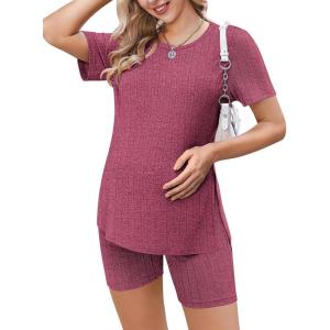 imageEkouaer Maternity Sets 2 Piece Outfits Ribbed Knit Short Sleeve Shirts and Biker Shorts Pregnancy Loungewear Mama ClothesRose Red