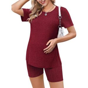imageEkouaer Maternity Sets 2 Piece Outfits Ribbed Knit Short Sleeve Shirts and Biker Shorts Pregnancy Loungewear Mama ClothesWine Red