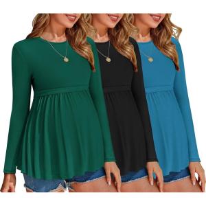 imageEkouaer Maternity Shirts 3 Packs Pleated Long Sleeve Tops Tunic Casual Pregnancy ClothesBlackBlueGreen