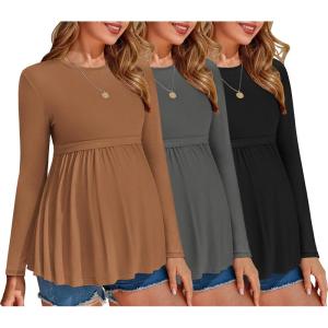 imageEkouaer Maternity Shirts 3 Packs Pleated Long Sleeve Tops Tunic Casual Pregnancy ClothesBlackBrownGrey