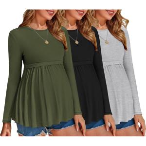 imageEkouaer Maternity Shirts 3 Packs Pleated Long Sleeve Tops Tunic Casual Pregnancy ClothesBlackGreenLight Grey