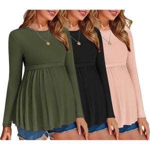 imageEkouaer Maternity Shirts 3 Packs Pleated Long Sleeve Tops Tunic Casual Pregnancy ClothesBlackPinkGreen