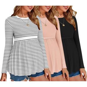 imageEkouaer Maternity Shirts 3 Packs Pleated Long Sleeve Tops Tunic Casual Pregnancy ClothesBlackPinkWhite