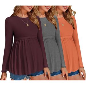 imageEkouaer Maternity Shirts 3 Packs Pleated Long Sleeve Tops Tunic Casual Pregnancy ClothesCaramelDark RedDark Grey