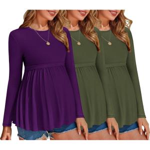 imageEkouaer Maternity Shirts 3 Packs Pleated Long Sleeve Tops Tunic Casual Pregnancy ClothesGreenGreenPurple