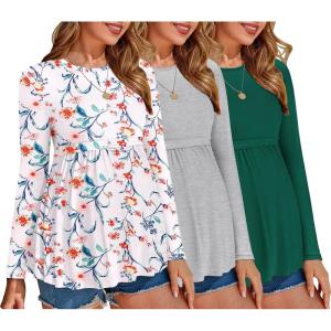 imageEkouaer Maternity Shirts 3 Packs Pleated Long Sleeve Tops Tunic Casual Pregnancy ClothesGreenLight GreyWhite