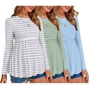 imageEkouaer Maternity Shirts 3 Packs Pleated Long Sleeve Tops Tunic Casual Pregnancy ClothesLight BlueLight GreenGrey