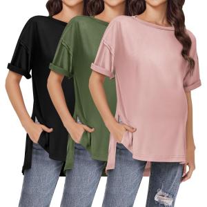 imageEkouaer Maternity Shirts 3 Packs Short Sleeve Womens Oversized Pregnancy Tops Split Side Postpartum Blouse Clothes SXXLBlackArmy GreenDirty Pink