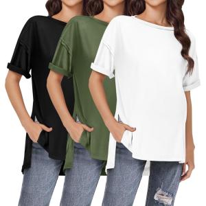 imageEkouaer Maternity Shirts 3 Packs Short Sleeve Womens Oversized Pregnancy Tops Split Side Postpartum Blouse Clothes SXXLBlackArmy GreenWhite