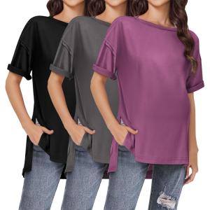 imageEkouaer Maternity Shirts 3 Packs Short Sleeve Womens Oversized Pregnancy Tops Split Side Postpartum Blouse Clothes SXXLBlackGrayGray Purple