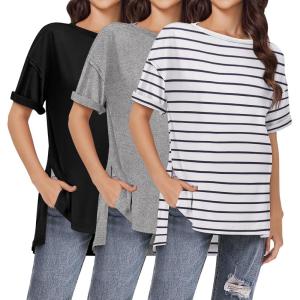 imageEkouaer Maternity Shirts 3 Packs Short Sleeve Womens Oversized Pregnancy Tops Split Side Postpartum Blouse Clothes SXXLBlackLight GrayWhite Stripe
