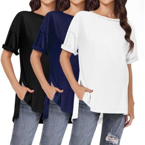 imageEkouaer Maternity Shirts 3 Packs Short Sleeve Womens Oversized Pregnancy Tops Split Side Postpartum Blouse Clothes SXXLBlackNavy BlueWhite