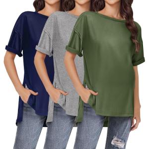 imageEkouaer Maternity Shirts 3 Packs Short Sleeve Womens Oversized Pregnancy Tops Split Side Postpartum Blouse Clothes SXXLNavy BlueLight GrayArmy Green