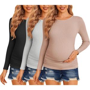 imageEkouaer Maternity Shirts 3 Packs Women Long Sleeve Pregnancy Tee Tops Tunic Blouse Ribbed Side Ruched Mama Clothes SXXLBlackDirty PinkGrey