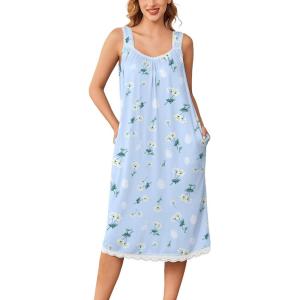 imageEkouaer Nightgowns for Women Sleeveless Night Gown Victorian Sleep Shirt with Pockets Ladies Pjs Lace Trim Sleepwear SXXLBlue Dandelion