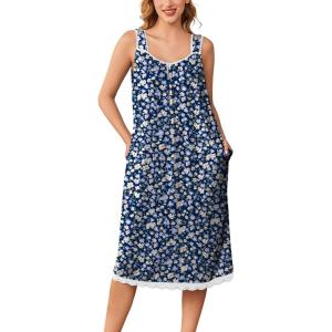 imageEkouaer Nightgowns for Women Sleeveless Night Gown Victorian Sleep Shirt with Pockets Ladies Pjs Lace Trim Sleepwear SXXLBlue Yellow Flower